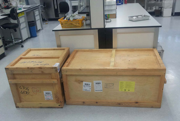 The laboratory equipment (benzene line) in boxes